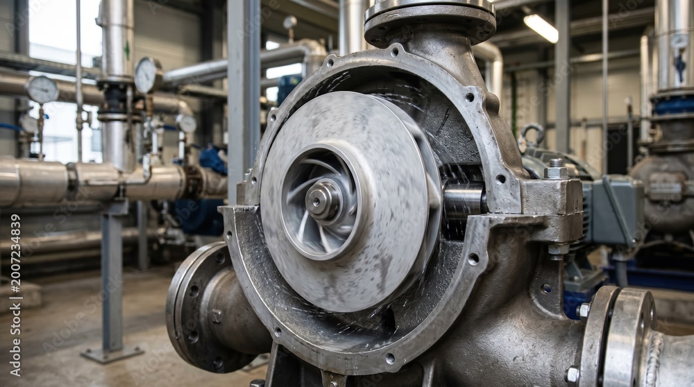 Fototapeta premium Industrial medium shot highlighting an impeller made from sustainable lowimpact alloys spinning inside a pump emphasizing green technology.