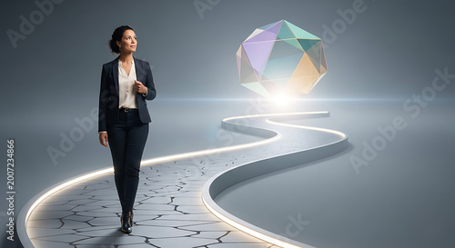 Businesswoman walking on glowing pathway to success