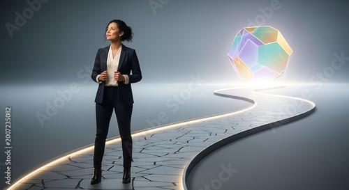 Confident businesswoman standing on a glowing pathway to a globe