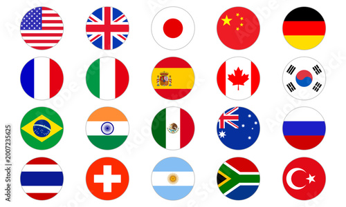 Bild auf Leinwand 20カ国の国旗セット（円形アイコン）/ World Flags Set of 20 Countries Round Icon Collection