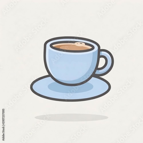 A minimalist flat cartoon-style blue coffee cup on a matching saucer with a brown liquid and a floating white coffee bean on top, placed on a plain white background with a subtle shadow unde