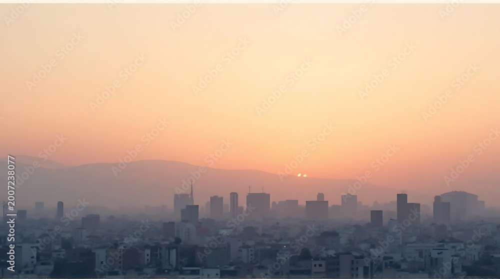 Fototapeta premium Minimalist sunrise view of Athens skyline with soft pastel sky gentle haze over distant buildings large negative space clean composition subtle warm tones balanced proportion