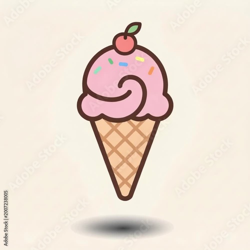 A cartoon-style pink ice cream cone with a cherry on top and colorful sprinkles, in a whimsical flat design, against a beige background, conveying a sweet treat