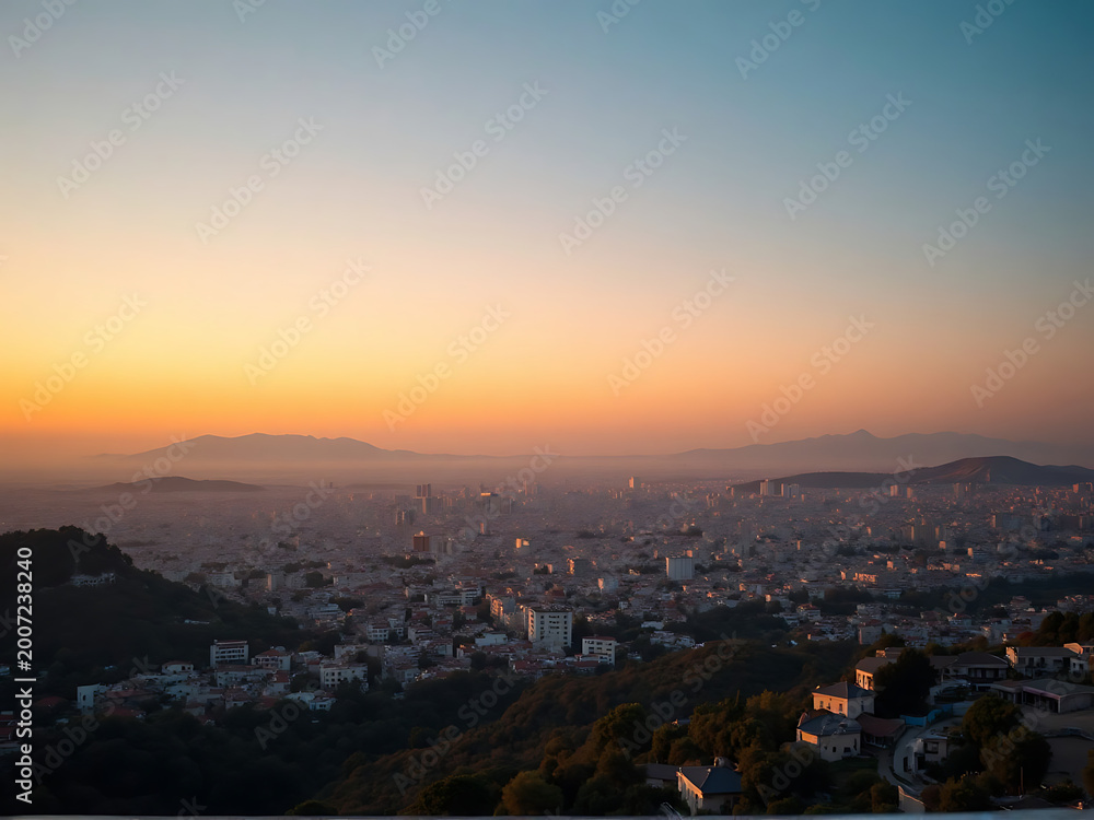 Fototapeta premium Sunset panoramic view from Lycabettus Hill overlooking city soft orange sky fading into blue smooth gradient large open sky