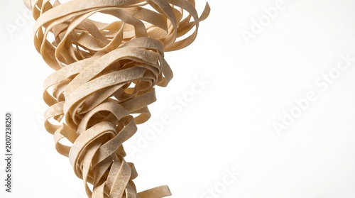 Dynamic swirl of fresh handmade fettuccine pasta forming a rustic tornado shape against a clean white background