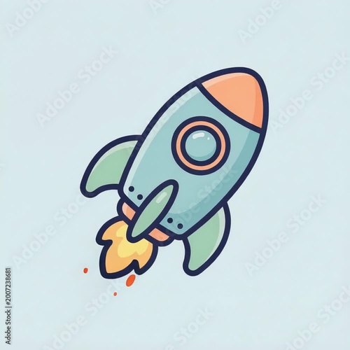 A cartoon-style rocket ship blasting off into the sky with flames and smoke, depicted in a simple modern artistic style with bold lines and bright colors, symbolizing innovation and progress