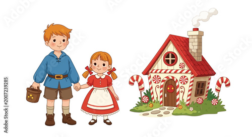 Canvastavla Hansel and Gretel with Gingerbread House Classic Fairy Tale Illustration