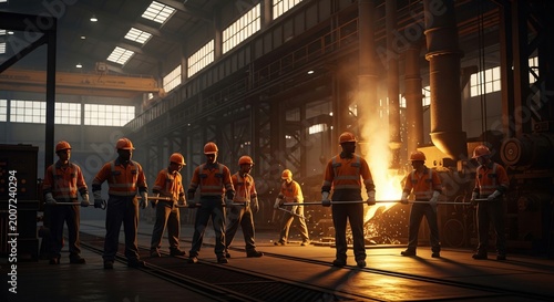 industrial workers in orange vests and hard hats standing near furnace
