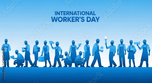 International Worker's Day celebration with blue silhouette workers