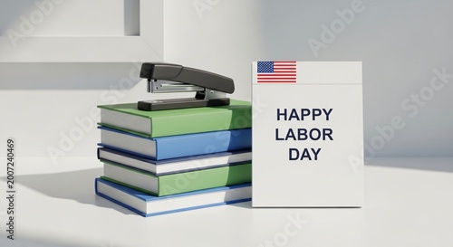 happy labor day celebration with books and american flag gift bag on desk