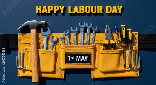 labour day celebration with yellow tool belt and wrenches on 1st may background