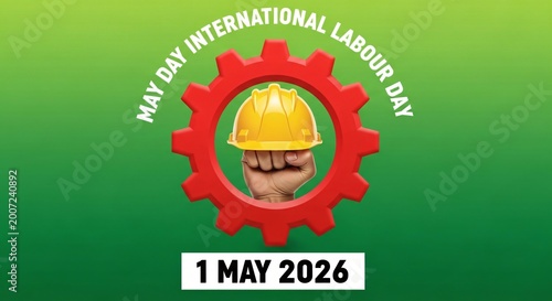 International Labour Day May Day poster with gear and hard hat