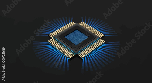 A close-up view of a modern microchip with a blue core emitting light rays, symbolizing data processing and advanced technology.