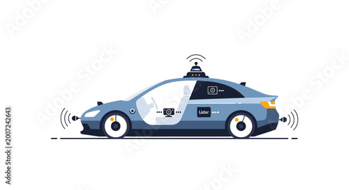 Illustration of a self-driving car with sensors and lidar.