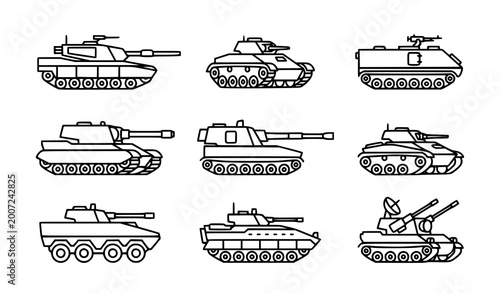 Fotografi Modern tank military line icon set armored vehicle vector design