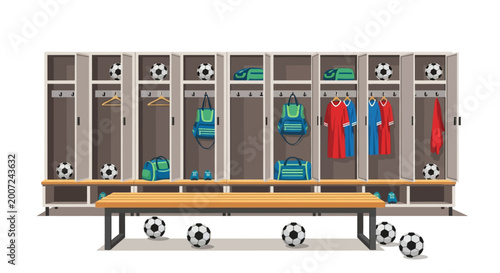 Soccer team locker room with open lockers and sports equipment.