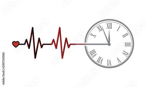 Fotografie Heartbeat, line, connected, to, a, clock, with, Roman, numerals, symbolizing, time, running, out, life, expectancy, urgency, health, and, mortality, concept