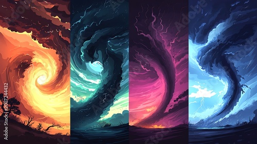 Four elemental tornadoes representing fire water earth and air forces.
