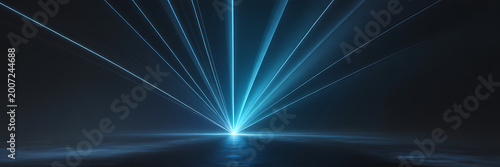 Vibrant blue laser beams radiating from a central point in a dark space with a glowing effect on the surface