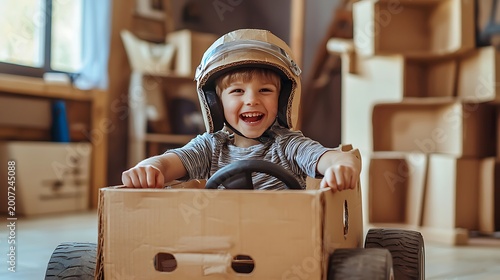 Joyful child driving a cardboard car while wearing a helmet.
