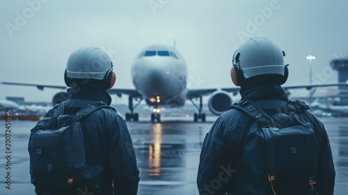 Airport Workers Inspecting Aircraft on Tarmac.