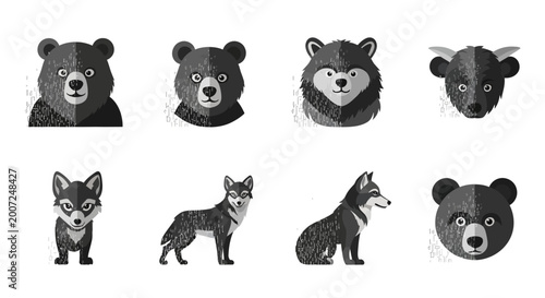 Foto Black and white bear and wolf faces.