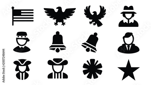 Collection of twelve simplified black vector icons representing american symbols historical figures and patriotic elements against a clean white background suitable for graphic
