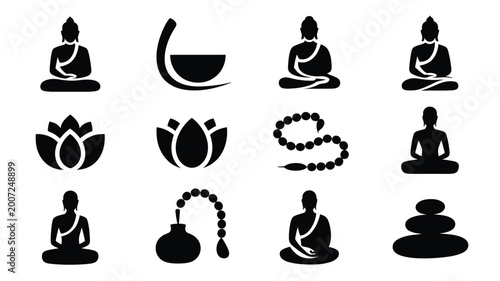 Photography Collection of serene buddhist icons and symbols including meditating figures lot
