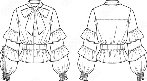 Foto Women’s blouse flat sketch, bow neckline, tiered ruffle sleeves, button-down des
