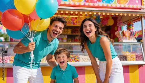 Joyful family with colorful balloons at a city fair. Happy parents and young son laughing together in front of a candy stall. Summer carnival fun and celebration concept