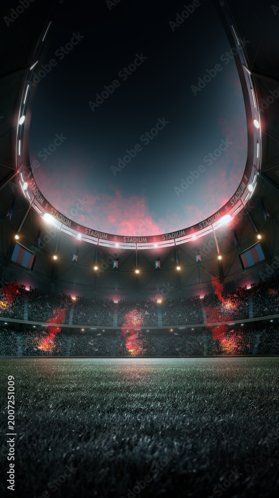 Fototapeta premium Football stadium at night. An imaginary soccer stadium is modelled and rendered.