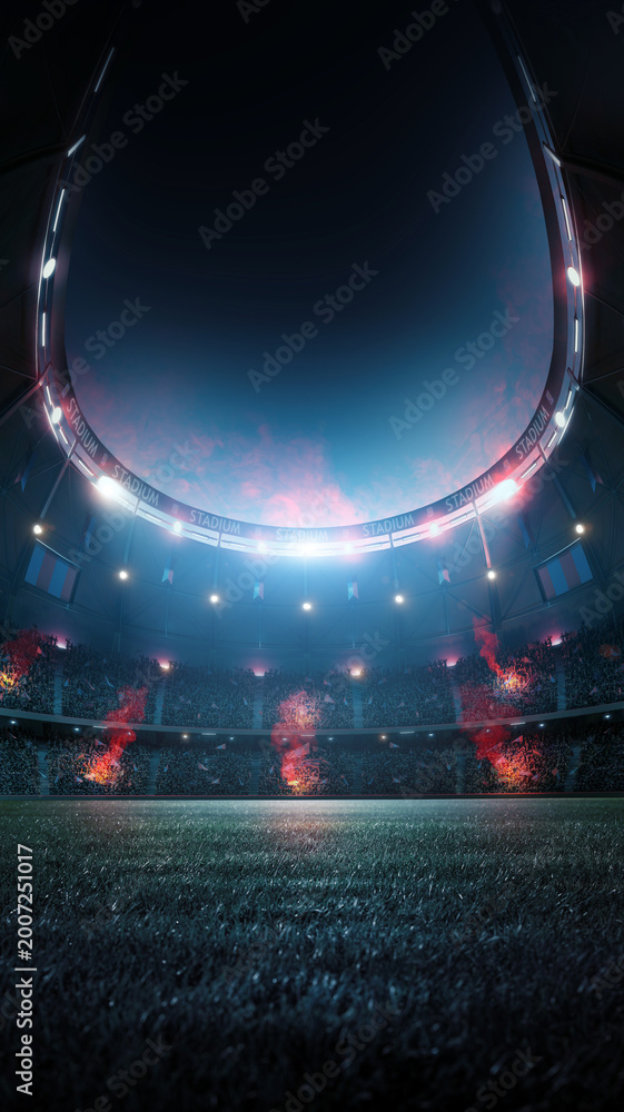 Fototapeta premium Football stadium at night. An imaginary soccer stadium is modelled and rendered.