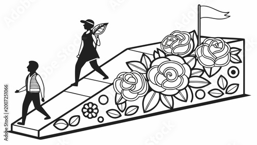 Bilde på lerret People walking up floral incline toward flag in monochrome line art