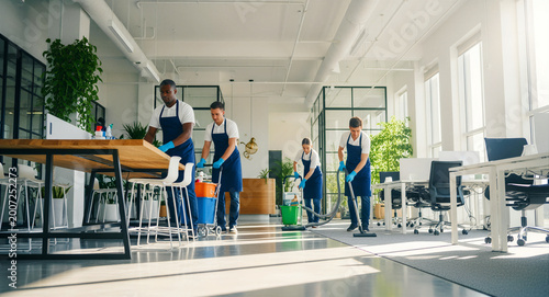 Diverse cleaning team sanitizing a modern office workspace. Professional staff vacuuming and mopping floors in a corporate environment. Ideal for janitorial service and facilities management ads.