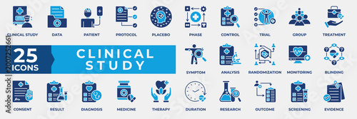 Clinical Study Icon Set. Containing  data, patient, protocol, placebo, phase, control, trial, group, treatment, symptom, analysis and more. Simple Flat Blue Vector Illustration.