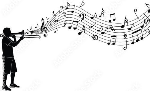 Photography Trombone player silhouette, musical notes illustration, jazz performance artwork