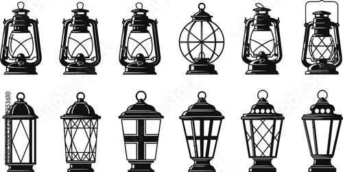 Obraz na płótnie Vintage lantern illustration, black and white artwork, traditional lamp design,