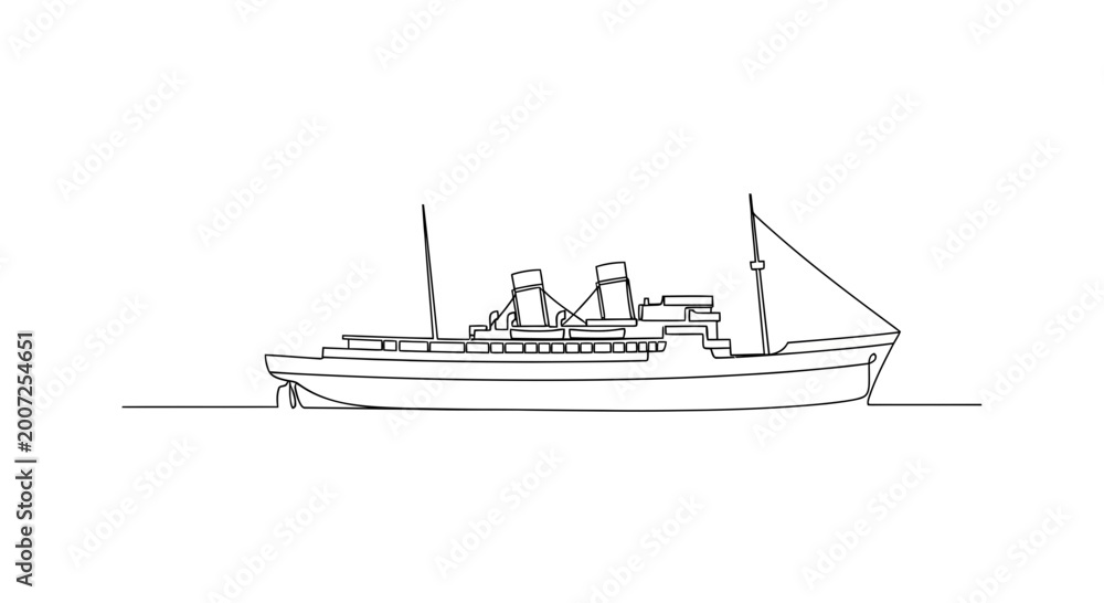 Fototapeta premium Outline illustration of a classic passenger ship sailing on a calm body of water, perfect for nautical themes and historical depictions