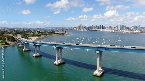 Aerial Drone View Of Coronado Bridge With San Diego Skyline