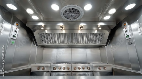 Modern stainless steel kitchen interior with professional cooking equipment and bright overhead lighting for culinary use