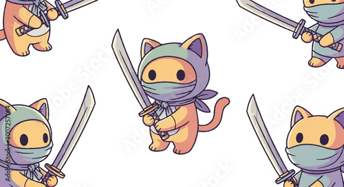 Seamless pattern of a cute cartoon ninja cat holding a sword.