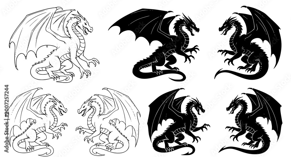 Obraz premium Mythical dragon creature vector set featuring powerful flying poses in both detailed outline and solid black silhouette styles for fantasy themed graphic design and gaming assets isolated on white