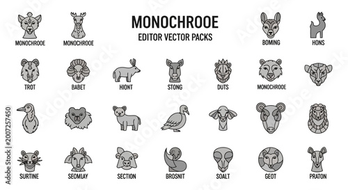 Tableau sur toile Monochrome Editor Vector Packs: A Diverse Collection of Animal Head Illustrations