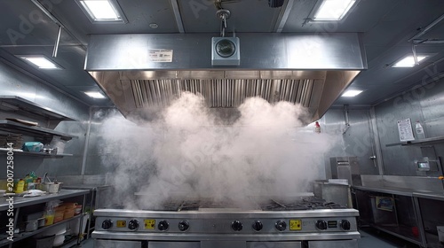 Steam Rising from Commercial Kitchen Hood in Busy Restaurant Environment with Stainless Steel Equipment and Fixtures
