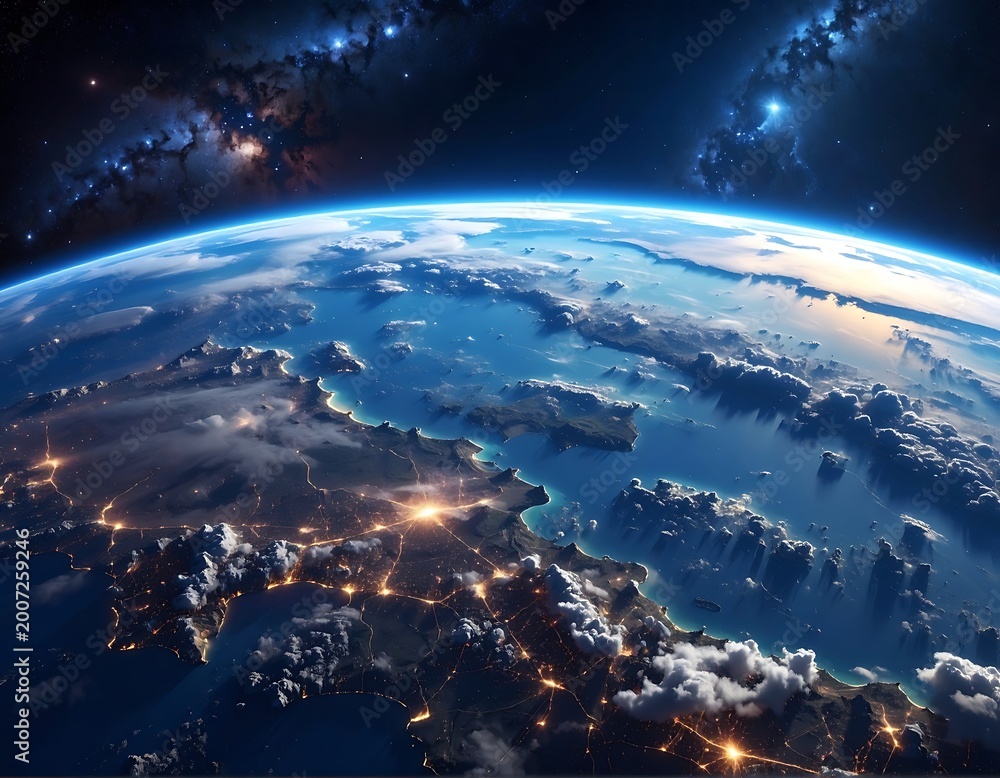 Fototapeta premium A stunning view of Earth from space with illuminated cities and clouds