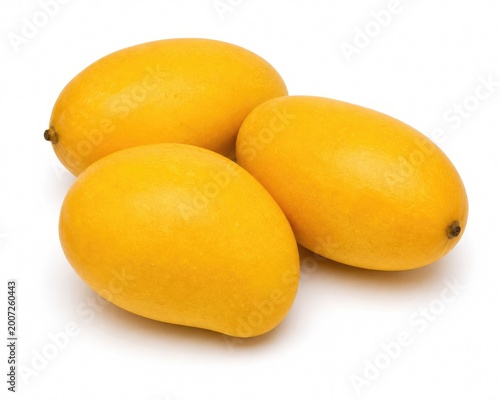 Three smooth, golden-yellow mangoes on white background