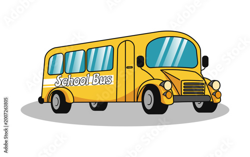 Photography A yellow school bus with the words school bus on the fronton white background fl
