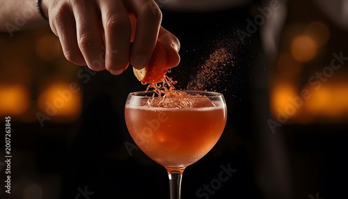 Mixologist hands squeezing fresh grapefruit zest over cocktail with aromatic spray in moody bar lighting for luxury hospitality marketing