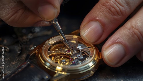 Watchmaker hands adjusting mechanical movement with micro screwdriver in workshop macro shot for luxury horology marketing