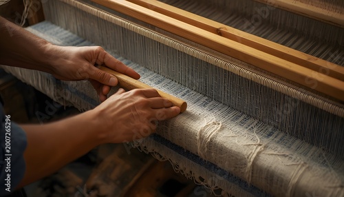 Traditional weaving process with artisan hands using a wooden shuttle on a textile loom in a modern digital illustration for handicraft marketing